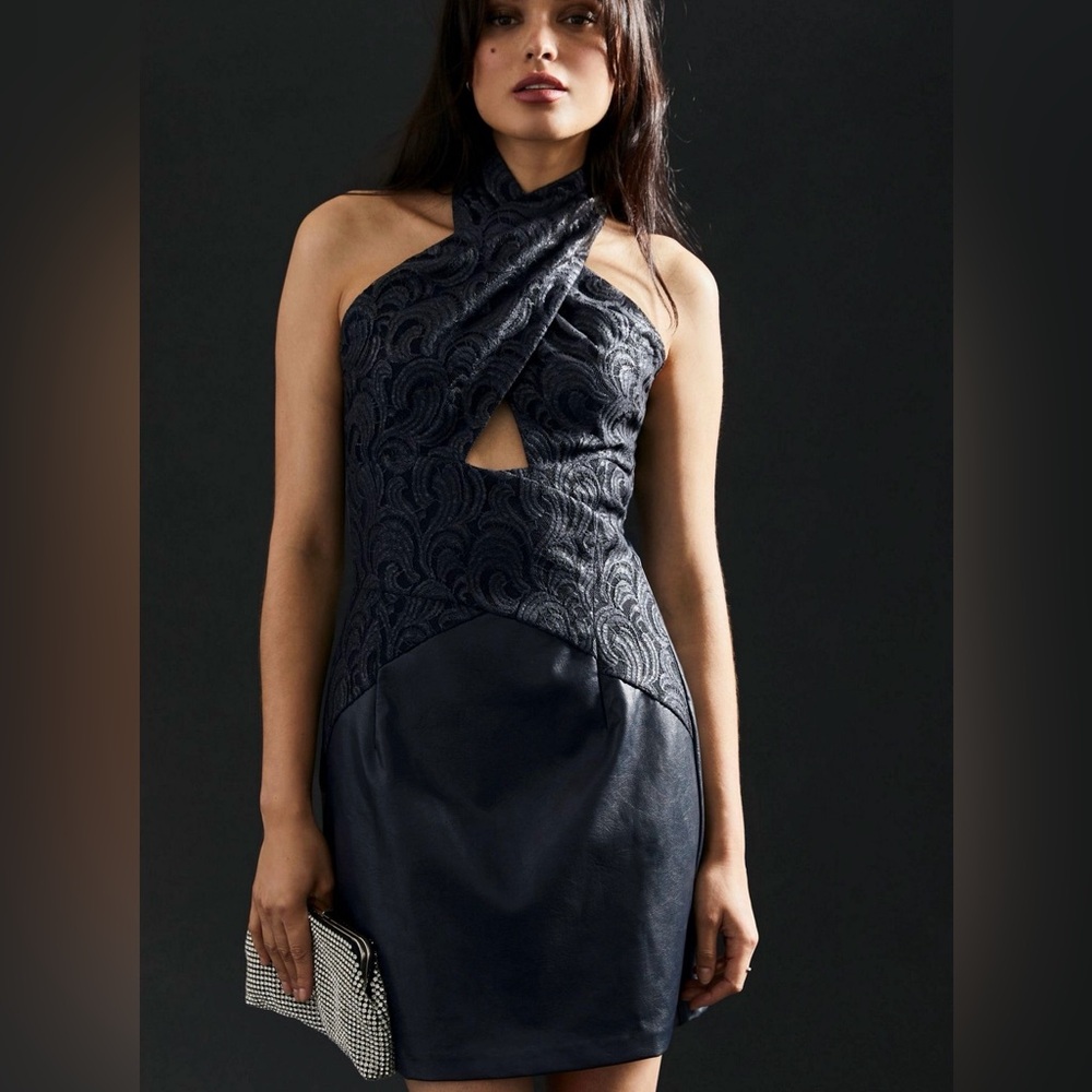 Eva Franco Vegan Leather Tonal Twofer Dress Black Lace